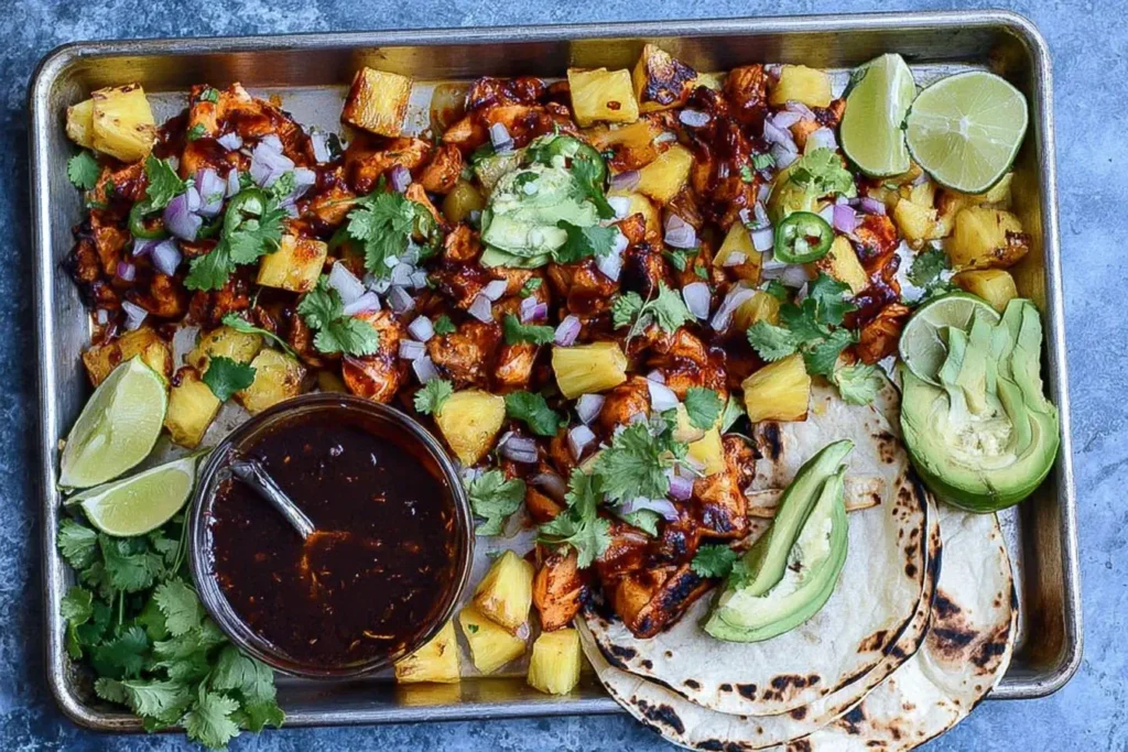 One Pan Chicken and Pineapple Tacos on a sheet pan with grilled tortillas, pineapple, avocado, lime wedges, and chipotle sauce.