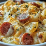 Cheesy Ranch Potatoes and Smoked Sausage baked in a white dish with melted cheddar cheese and sliced smoked sausage pieces