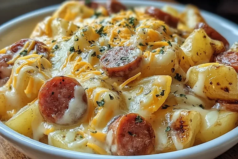 Cheesy Ranch Potatoes and Smoked Sausage baked in a white dish with melted cheddar cheese and sliced smoked sausage pieces