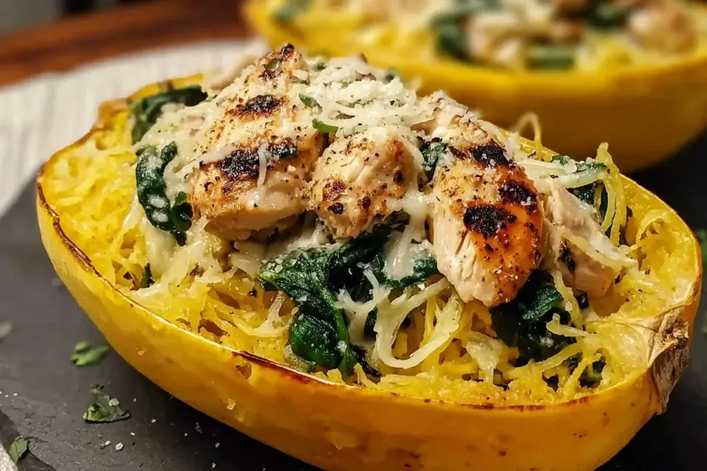 Close-up of Chicken Parmesan Stuffed Spaghetti Squash with creamy spinach, grilled chicken, and shredded parmesan in a roasted squash bowl.