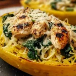 Close-up of Chicken Parmesan Stuffed Spaghetti Squash with creamy spinach, grilled chicken, and shredded parmesan in a roasted squash bowl.