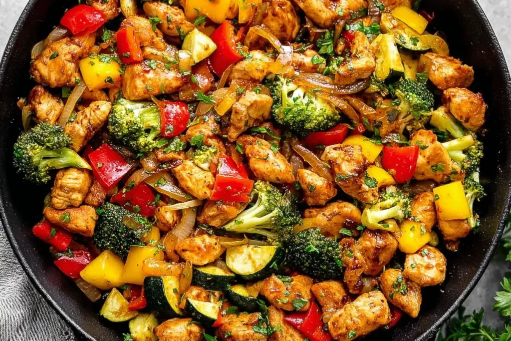 Chicken and Vegetables Skillet with juicy chicken pieces, broccoli, peppers, onions, and zucchini cooked in a savory sauce in a black skillet.