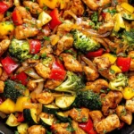 Chicken and Vegetables Skillet with juicy chicken pieces, broccoli, peppers, onions, and zucchini cooked in a savory sauce in a black skillet.