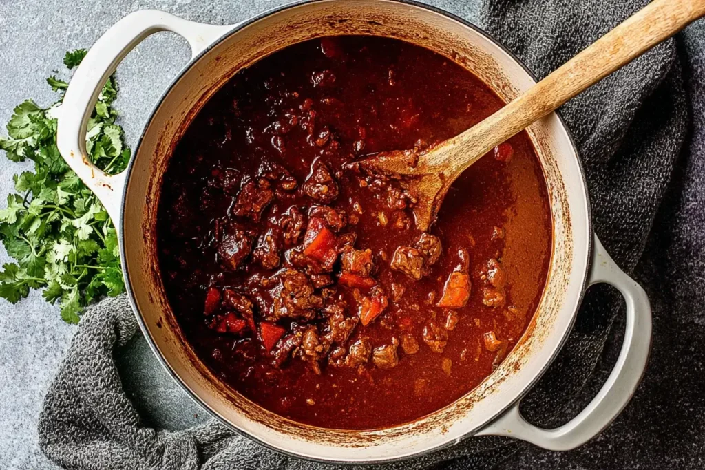 Carne Picada simmering in a Dutch oven with rich red sauce and chunks of beef and peppers