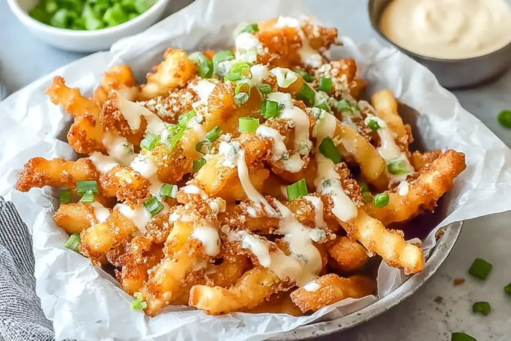 Crispy Louisiana Voodoo Fries topped with melted cheese, bacon, and green onions, drizzled with spicy ranch sauce.
