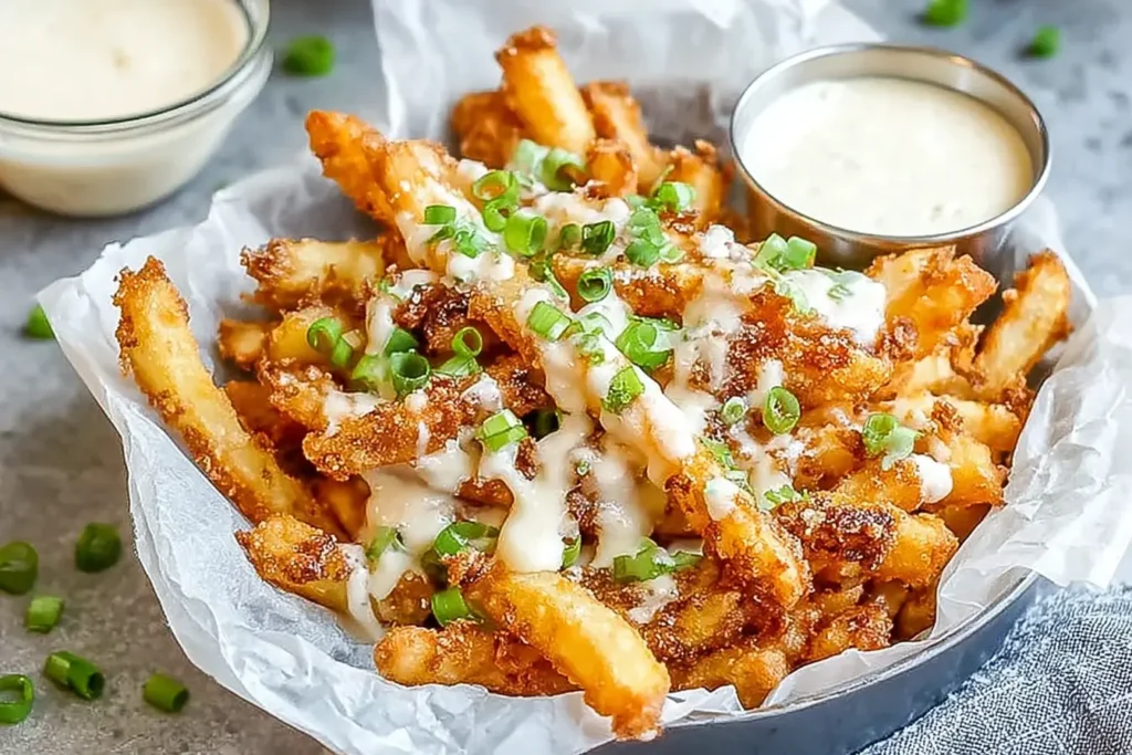 Crispy Louisiana Voodoo Fries loaded with melted cheese, green onions, and served with creamy spicy ranch sauce.