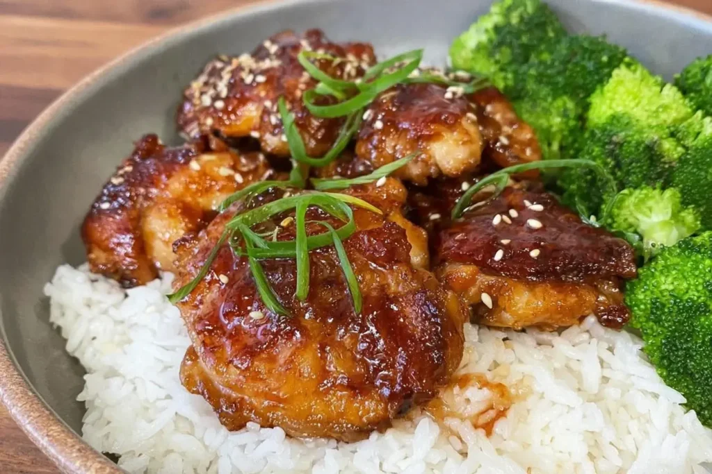 Glazed Soy Garlic Chicken Thighs served with steamed white rice and broccoli, topped with sesame seeds and sliced green onions.