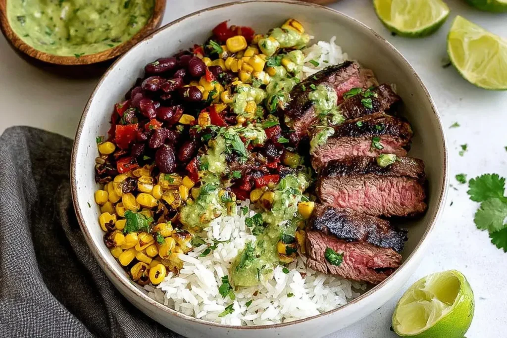 Cilantro Lime Steak Bowls featuring sliced grilled steak, white rice, corn, black beans, peppers, and cilantro lime sauce.