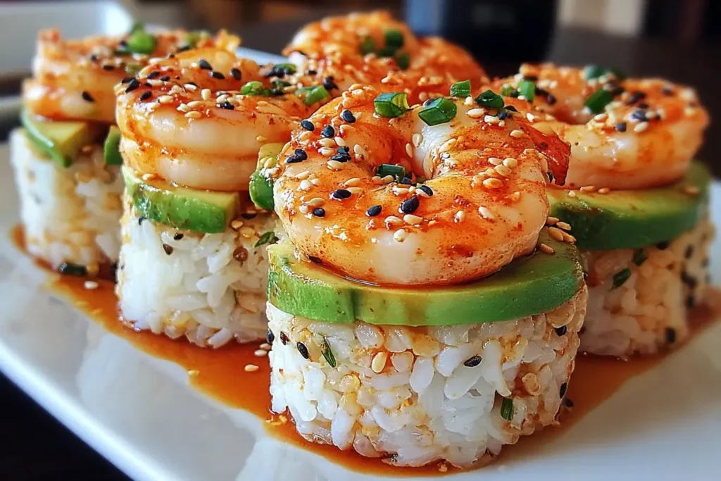 Close-up of spicy shrimp sushi stacks topped with sesame seeds and green onions, layered with avocado and sushi rice.