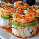 Close-up of spicy shrimp sushi stacks topped with sesame seeds and green onions, layered with avocado and sushi rice.