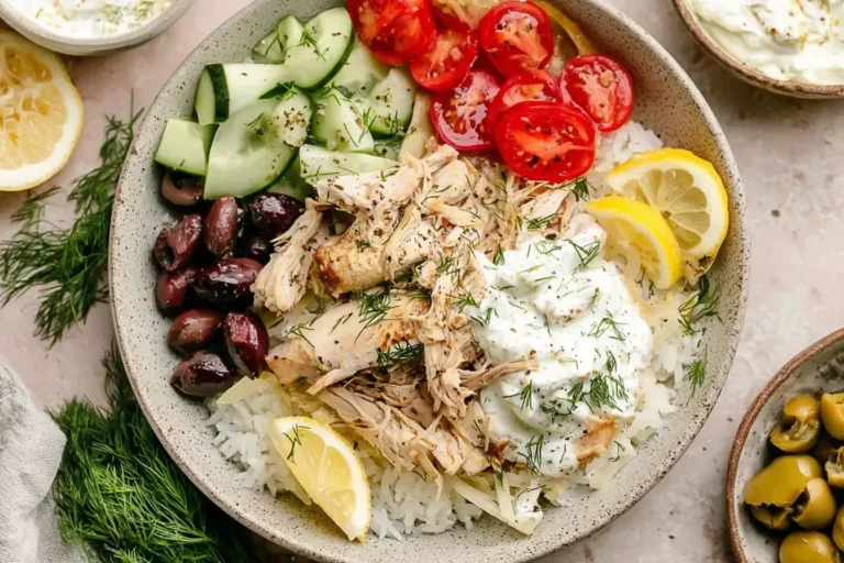 Slow Cooker Greek Chicken bowl with shredded chicken, rice, olives, cucumbers, tomatoes, lemon, and tzatziki sauce.