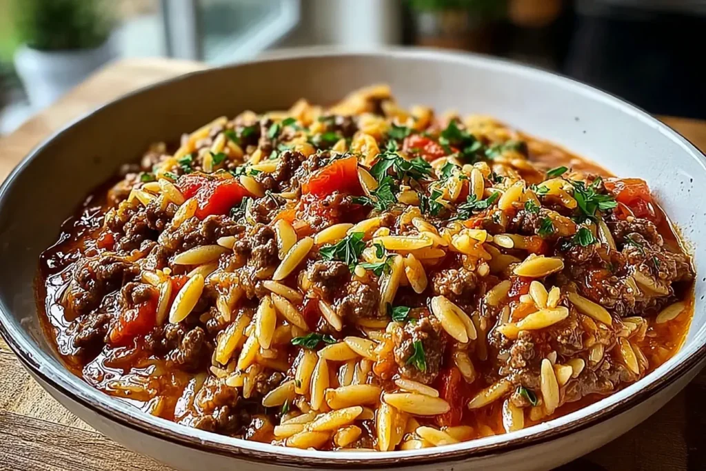 Bowl of hearty Ground Beef Orzo garnished with fresh parsley, featuring tender orzo pasta and savory beef in a rich tomato sauce.