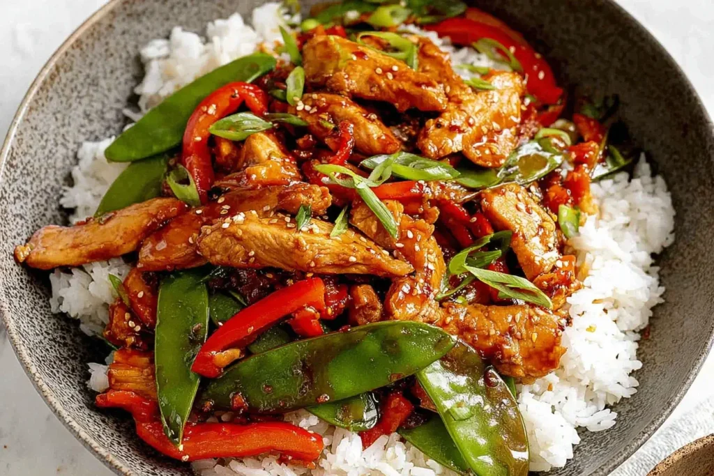 Firecracker Chicken Stir Fry with bell peppers, snap peas, and savory sauce served over white rice in a bowl