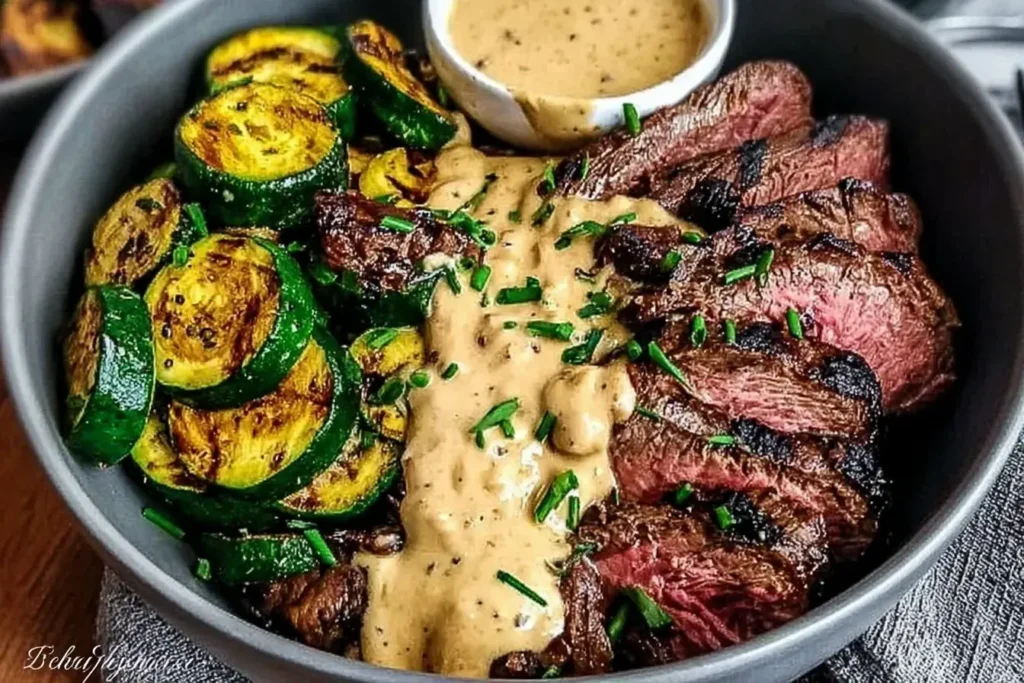 Grilled Steak Bowl with Creamy Sauce and Grilled Zucchini featuring juicy sliced steak, charred zucchini, and rich sauce in a gray bowl