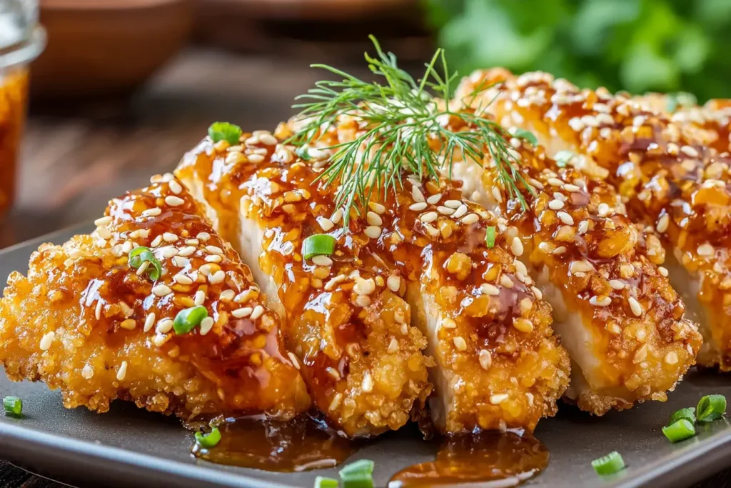 Close-up of Baked Crunchy Hot Honey Chicken drizzled with sticky hot honey sauce and topped with sesame seeds and fresh herbs.