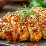 Close-up of Baked Crunchy Hot Honey Chicken drizzled with sticky hot honey sauce and topped with sesame seeds and fresh herbs.