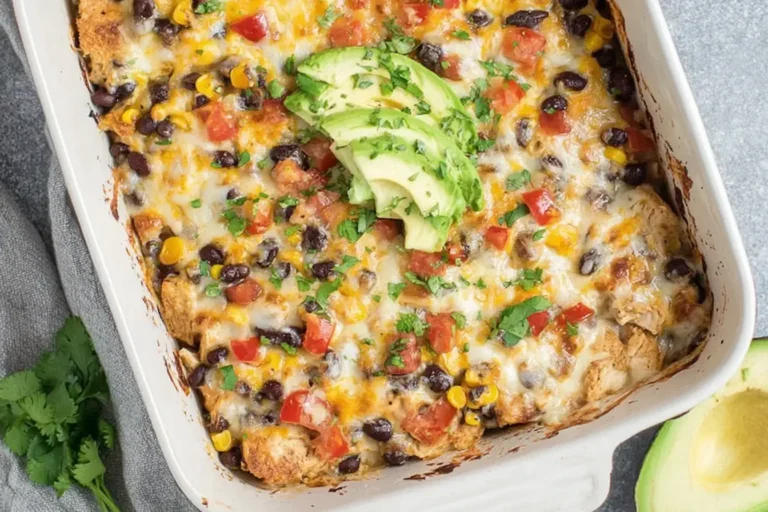 Southwest Chicken Casserole topped with melted cheese, black beans, corn, tomatoes, and sliced avocado in a white baking dish.