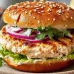 Chicken Caesar Burger with grilled chicken patty, fresh lettuce, red onions, and Caesar dressing on a sesame bun