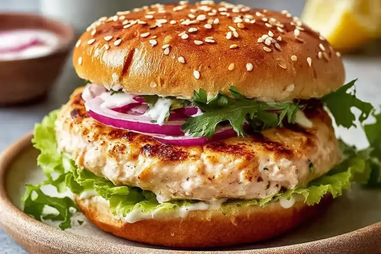 Chicken Caesar Burger with grilled chicken patty, fresh lettuce, red onions, and Caesar dressing on a sesame bun