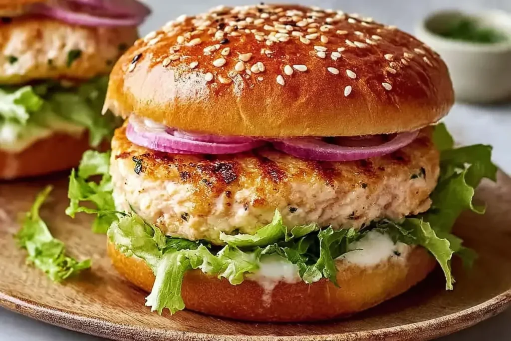 Chicken Caesar Burger with lettuce, red onion, and creamy Caesar dressing on a sesame bun