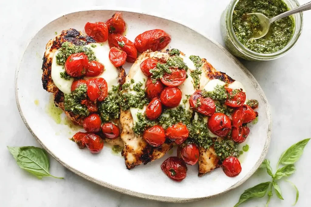 Grilled Chicken Margherita served with melted mozzarella, roasted cherry tomatoes, and fresh basil pesto on a white plate