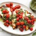 Grilled Chicken Margherita served with melted mozzarella, roasted cherry tomatoes, and fresh basil pesto on a white plate