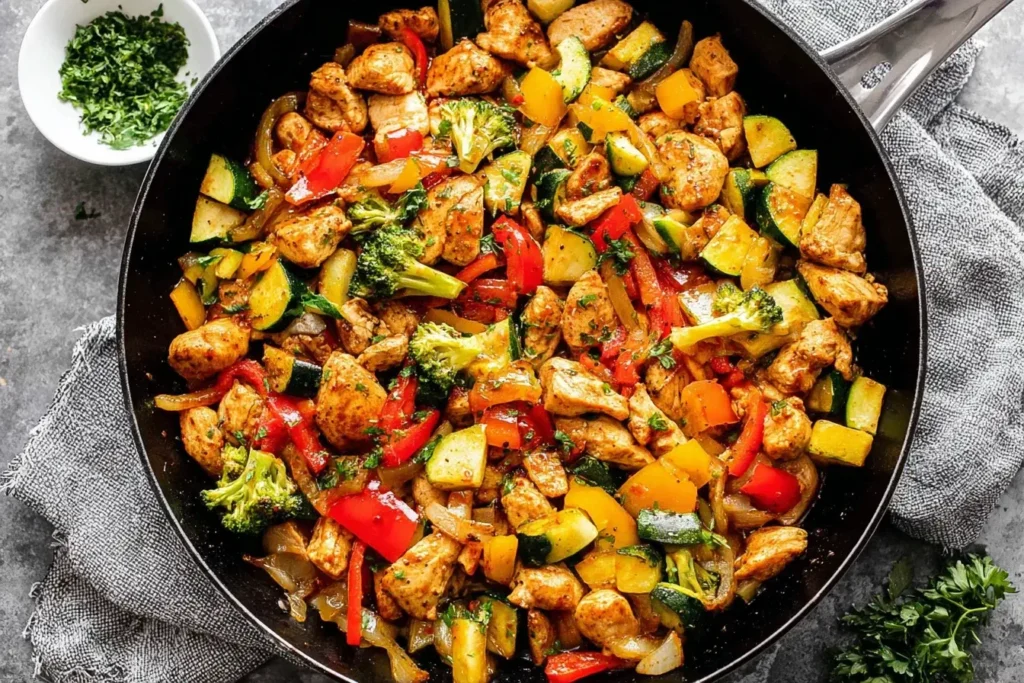 Colorful Chicken and Vegetables Skillet with broccoli, bell peppers, and zucchini cooked in a black pan for a healthy one-pan dinner.