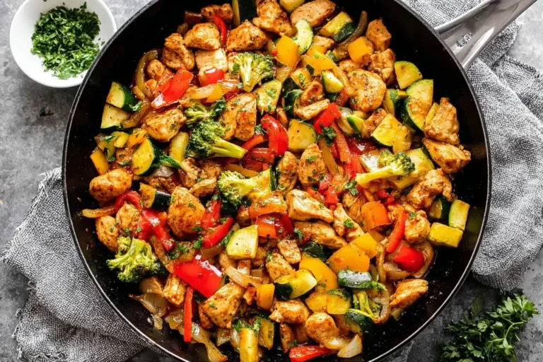 Colorful Chicken and Vegetables Skillet with broccoli, bell peppers, and zucchini cooked in a black pan for a healthy one-pan dinner.