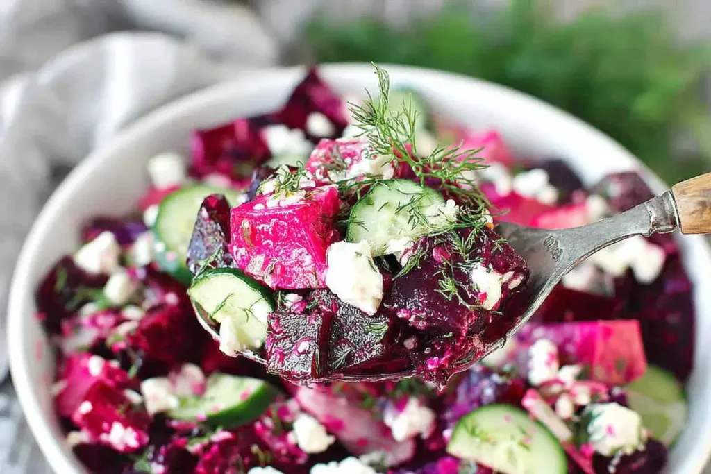 Close-up spoonful of Beet Salad with Feta Cucumbers and Dill showing vibrant beets, fresh cucumber slices, feta, and dill.
