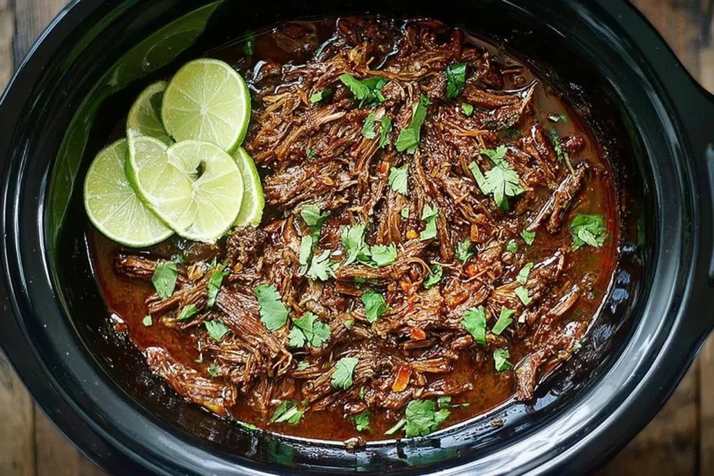 Slow Cooker Barbacoa shredded beef garnished with fresh cilantro and lime slices in a black slow cooker.