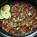 Slow Cooker Barbacoa shredded beef garnished with fresh cilantro and lime slices in a black slow cooker.