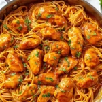Chicken Scallopini with spaghetti in a rich tomato and gravy sauce, garnished with parsley, served in a stainless steel skillet.