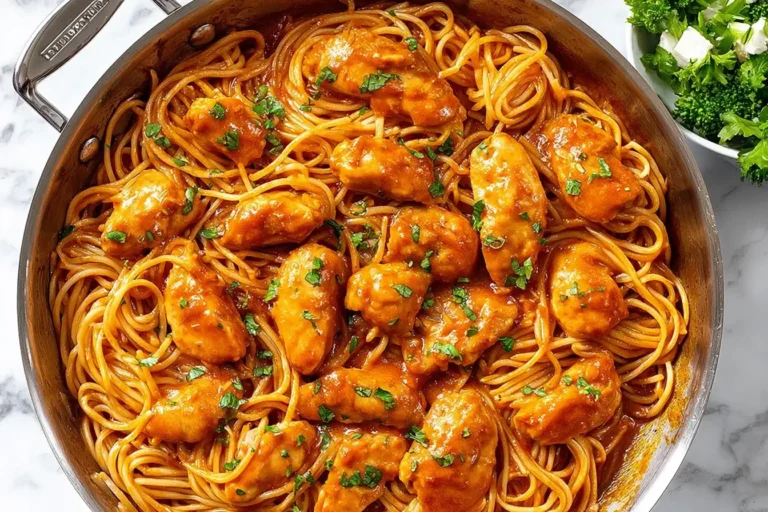 Chicken Scallopini with spaghetti in a rich tomato and gravy sauce, garnished with parsley, served in a stainless steel skillet.