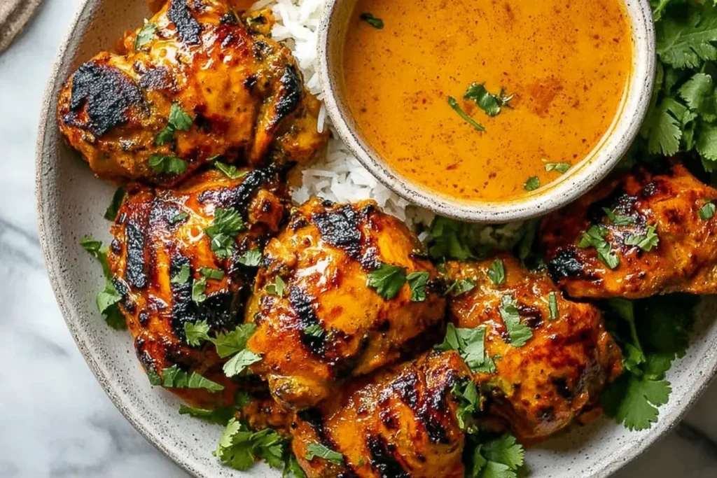 Chicken Kuku Paka served with fluffy white rice, grilled chicken, and creamy coconut sauce, garnished with fresh cilantro.