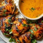 Chicken Kuku Paka served with fluffy white rice, grilled chicken, and creamy coconut sauce, garnished with fresh cilantro.