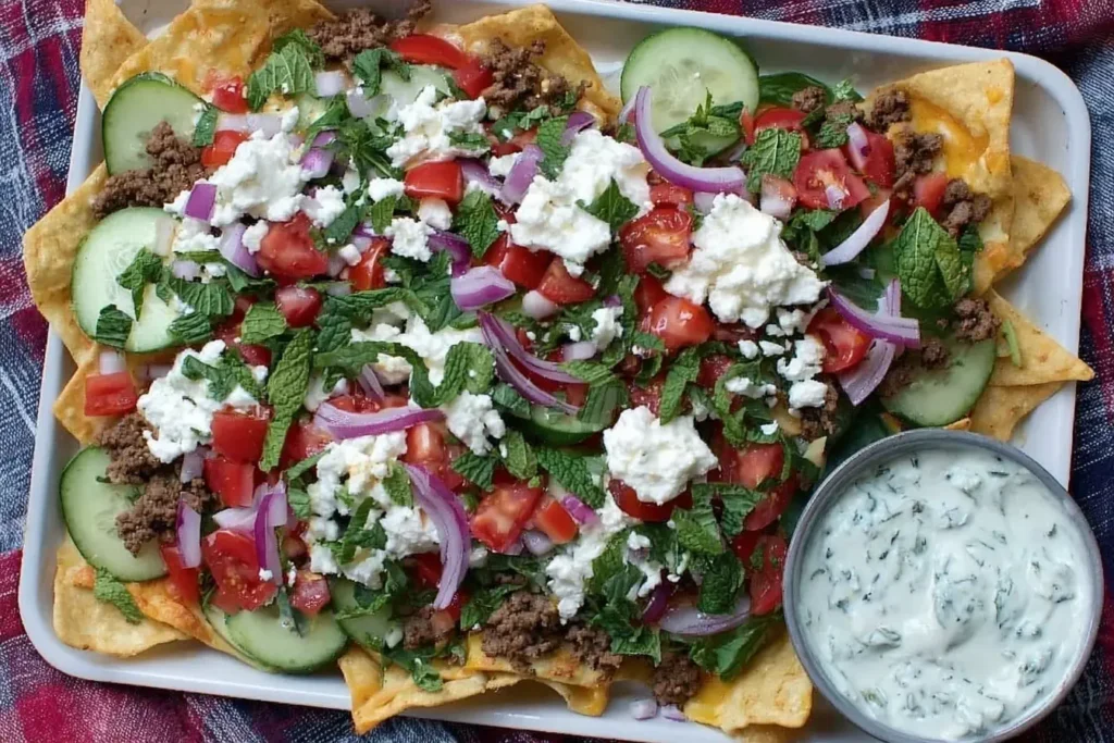 A platter of Greek Nachos with seasoned ground meat, cucumbers, tomatoes, red onions, fresh mint, crumbled feta, and a bowl of creamy tzatziki sauce.