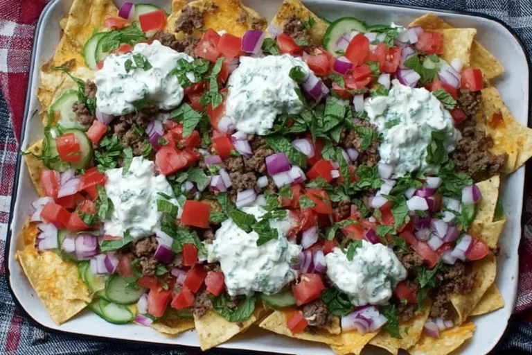 A tray of colorful Greek Nachos topped with seasoned ground meat, diced tomatoes, cucumbers, red onions, fresh herbs, and dollops of creamy feta tzatziki sauce.
