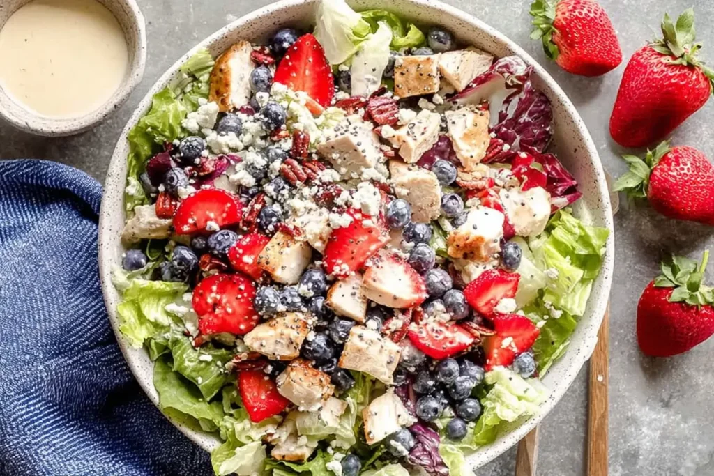 Strawberry Poppyseed Chicken Salad with romaine lettuce, grilled chicken, strawberries, blueberries, pecans, feta cheese, and poppyseed dressing.