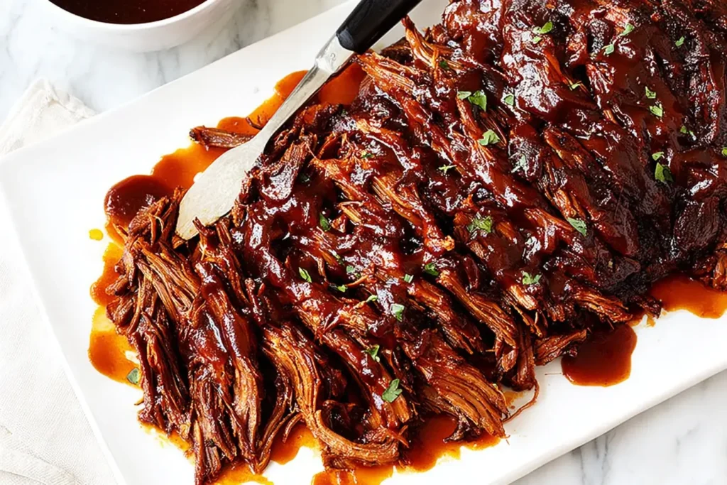 Slow Cooker BBQ Beef Brisket sliced and smothered in barbecue sauce on a white platter.