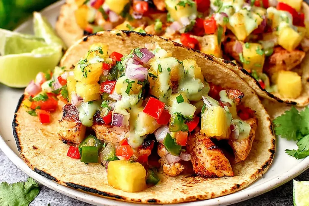 Chili Lime Chicken Tacos with Grilled Pineapple Salsa filled with juicy chicken, pineapple, peppers, onions, and drizzled with avocado crema.