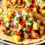 Chili Lime Chicken Tacos with Grilled Pineapple Salsa filled with juicy chicken, pineapple, peppers, onions, and drizzled with avocado crema.