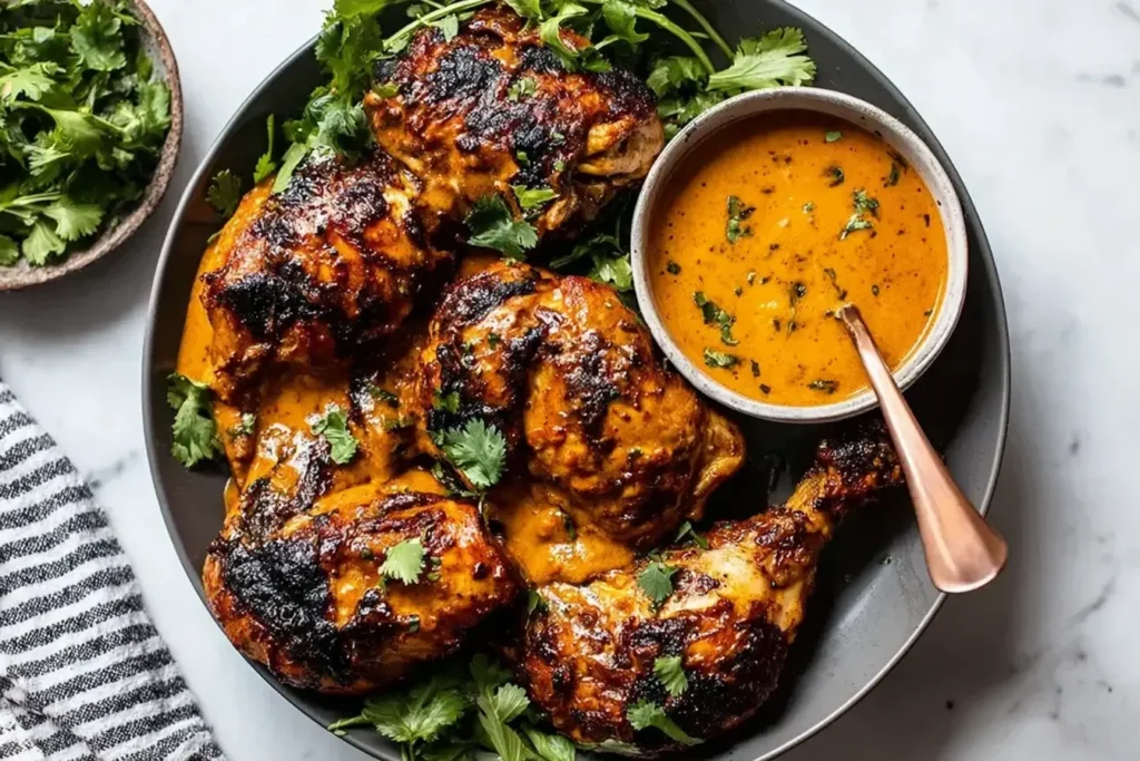 Grilled Chicken Kuku Paka served with rich coconut sauce and fresh cilantro on a black plate.