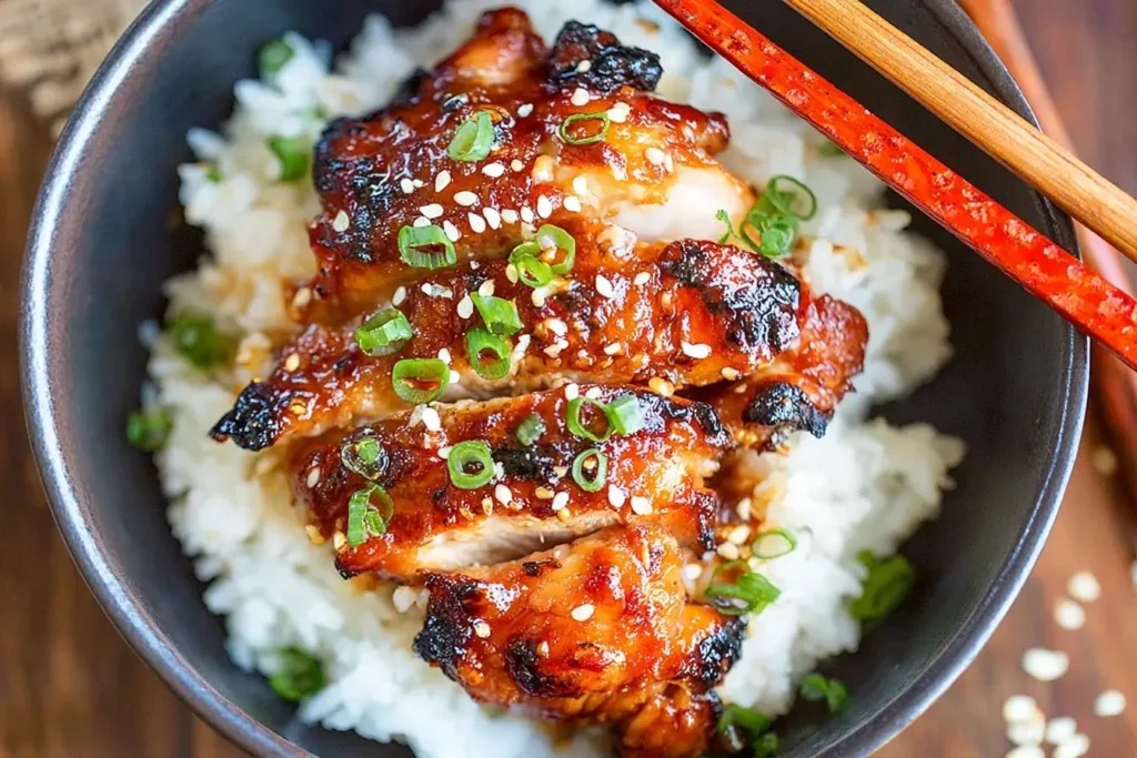 Spicy Korean Chicken served over steamed rice with sesame seeds and green onions