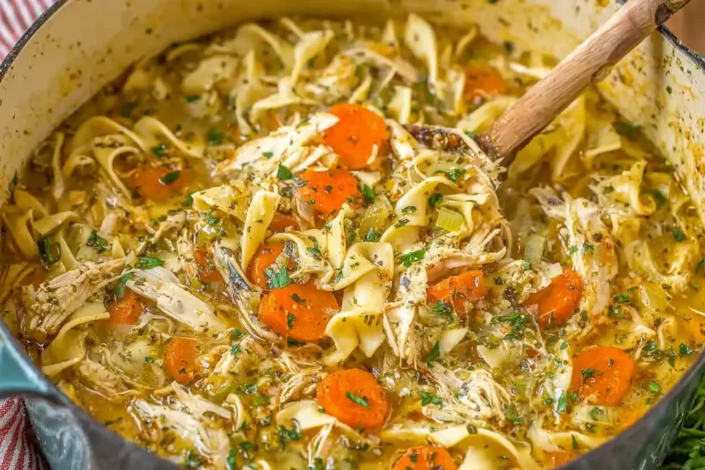 Hearty Chicken Noodle Soup with shredded chicken, carrots, and egg noodles in a pot.
