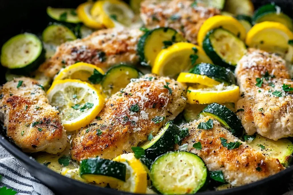 Close-up of Chicken Breast with Zucchini and Squash, topped with grated parmesan and fresh herbs.