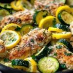Close-up of Chicken Breast with Zucchini and Squash, topped with grated parmesan and fresh herbs.