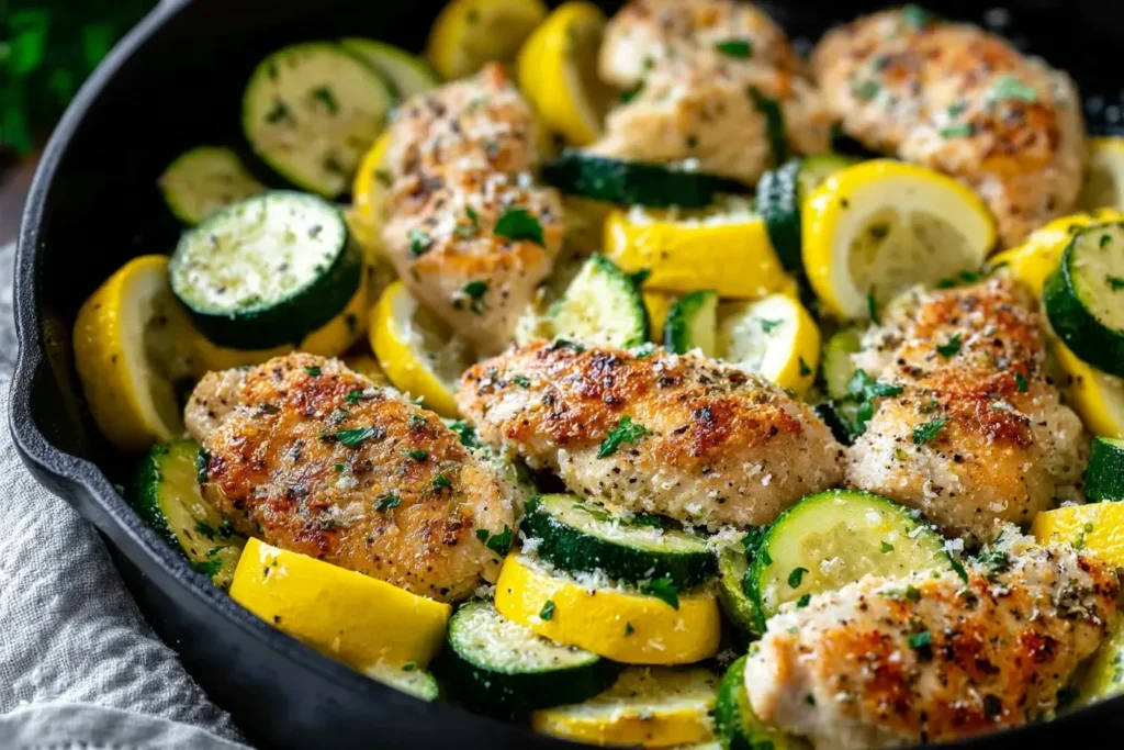 Healthy Chicken Breast with Zucchini and Squash seared to golden perfection, surrounded by vibrant slices of zucchini, squash, and fresh herbs in a skillet.