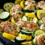 Healthy Chicken Breast with Zucchini and Squash seared to golden perfection, surrounded by vibrant slices of zucchini, squash, and fresh herbs in a skillet.