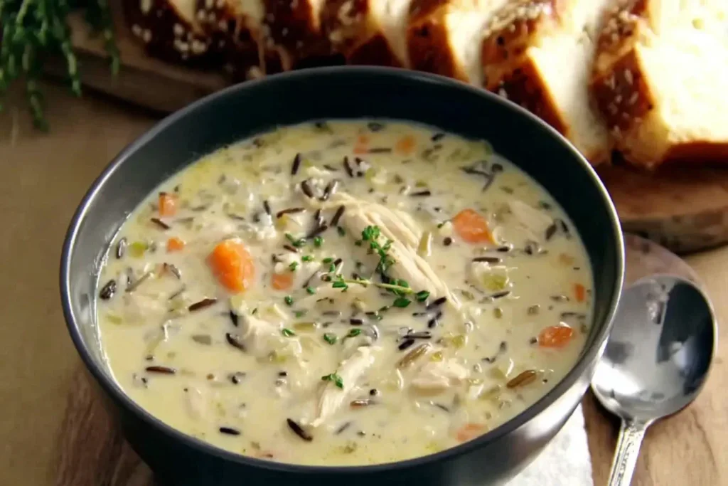 Bowl of creamy Copycat Panera Chicken and Wild Rice Soup served with carrots, wild rice, and shredded chicken