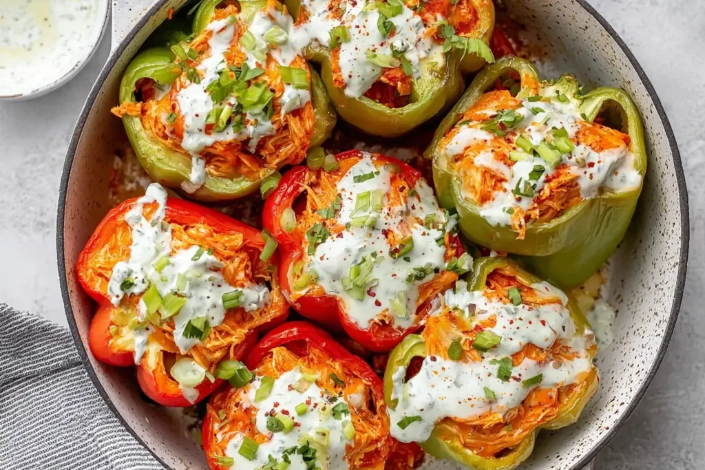 Buffalo Chicken Stuffed Peppers baked in a pan, topped with dairy-free ranch and fresh green onions.